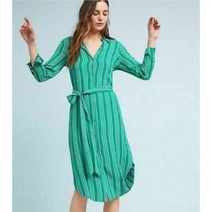 Anthropologie Maeve Martina Green Striped Belted Shirt Dress Size US 6